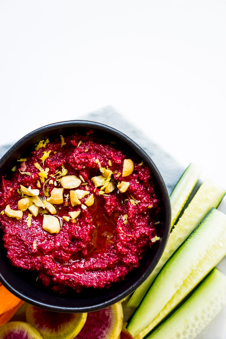 Low Carb Beet Cashew Hummus - Keto dinner recipe with 7.2g net carbs. Low carb ketogenic dinner meal.